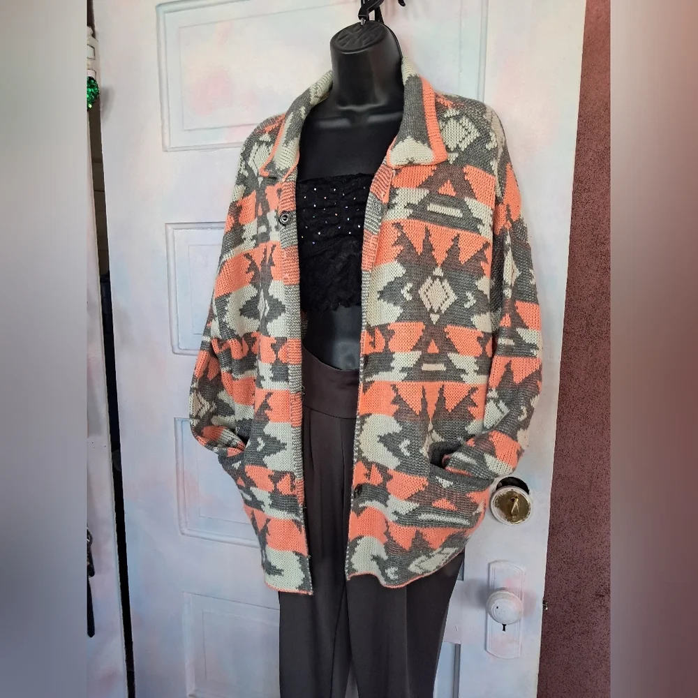 Blu Pepper Orange and Gray Geometric Cardigan - Picture 1 of 13